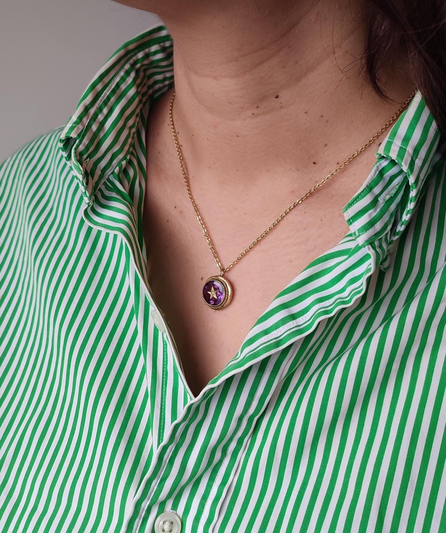 Pendentif ancien Napoléon III en or 18K, améthyste et perle fine – ancienne broche étoile XIXe