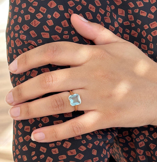Bague vintage aigue-marine carrée or jaune 18k années 1940