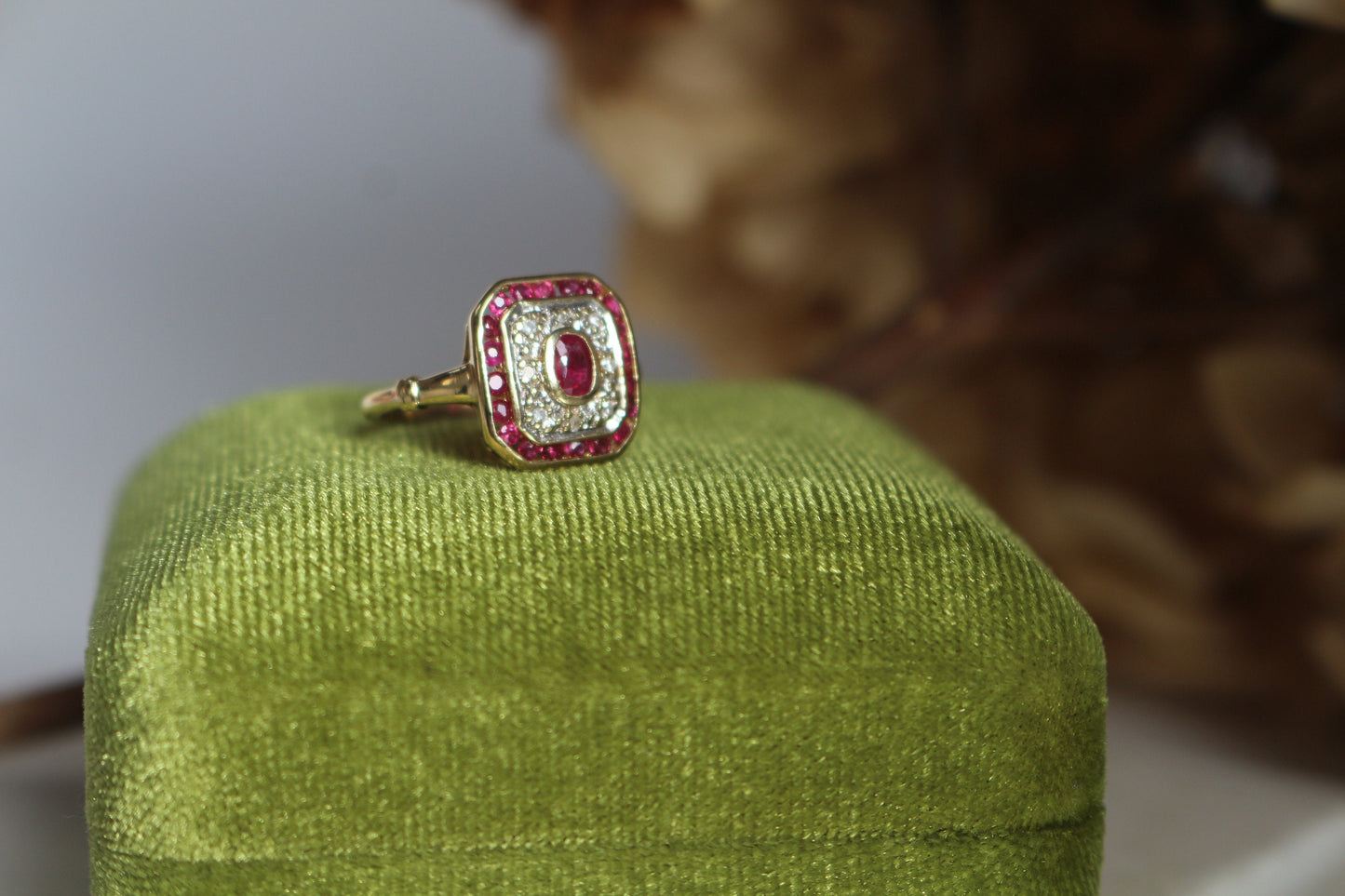 Bague or 18K Art Déco rubis et diamants, Bague de fiancailles ancienne rubis