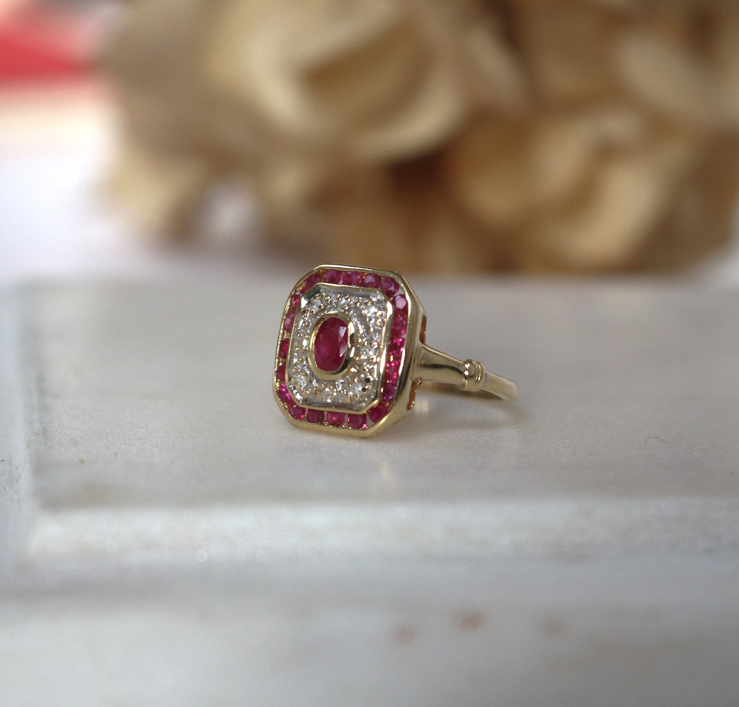 Bague or 18K Art Déco rubis et diamants, Bague de fiancailles ancienne rubis