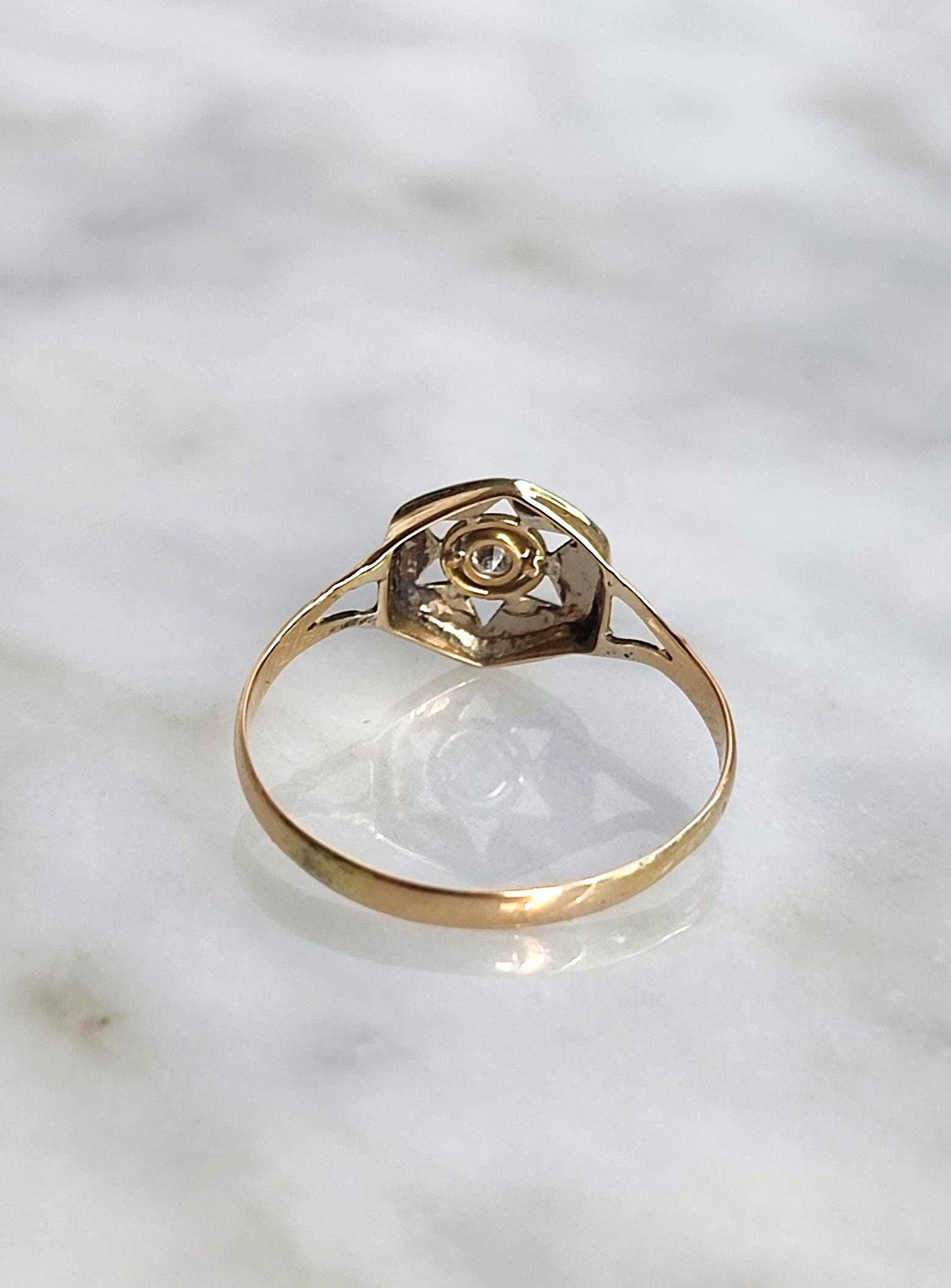 Bague ancienne étoile en or 18K jaune et gris, diamant naturel 0,11ct, bijou français XIXe siècle