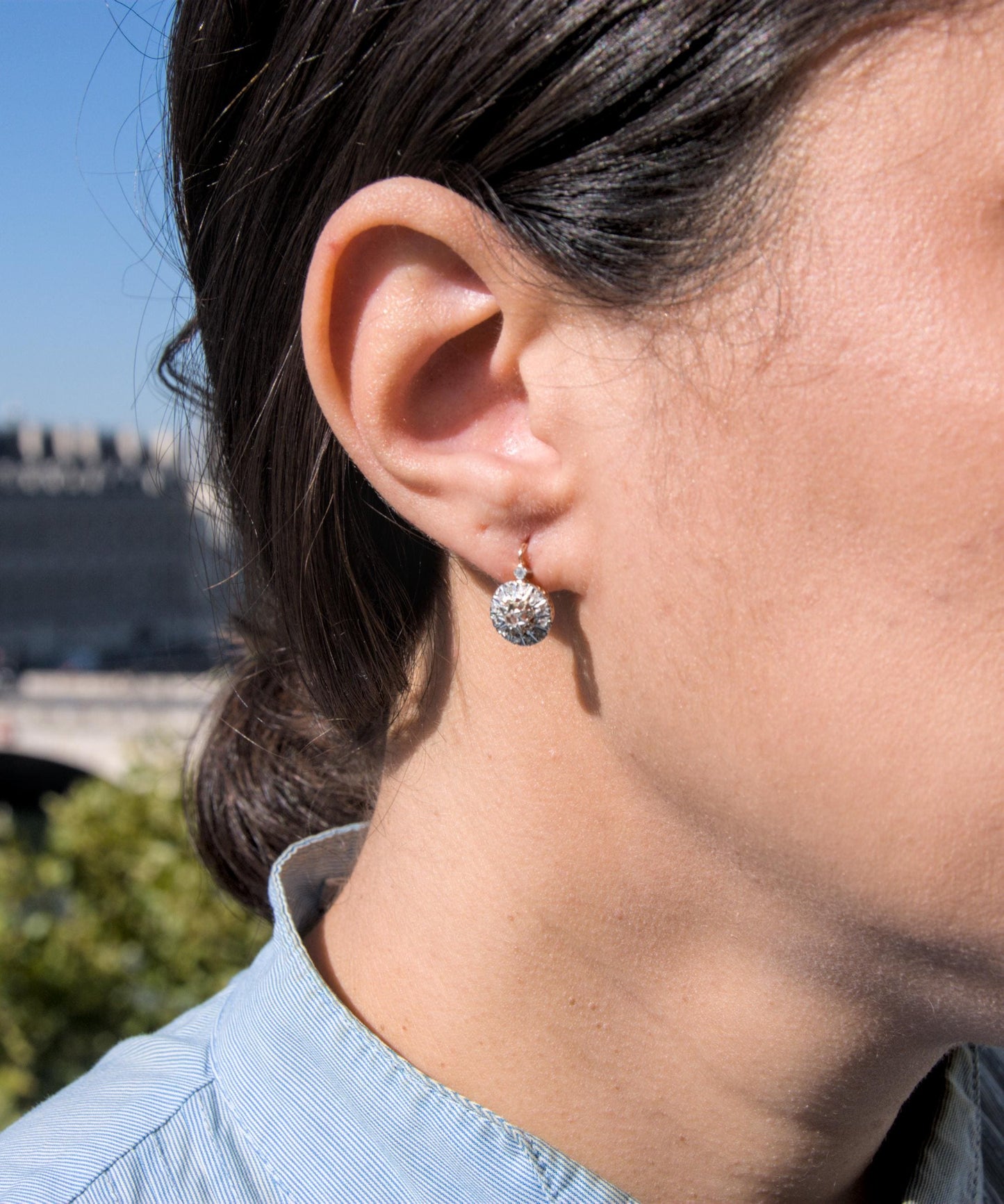 Boucles dormeuses anciennes en or 18K rose et gris, diamants taille rose et lame, bijoux français XIXe siècle