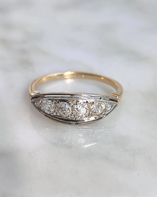 Bague rivière ancienne en or jaune et blanc 18k, six diamants taille ancienne (vers 1910–1930)