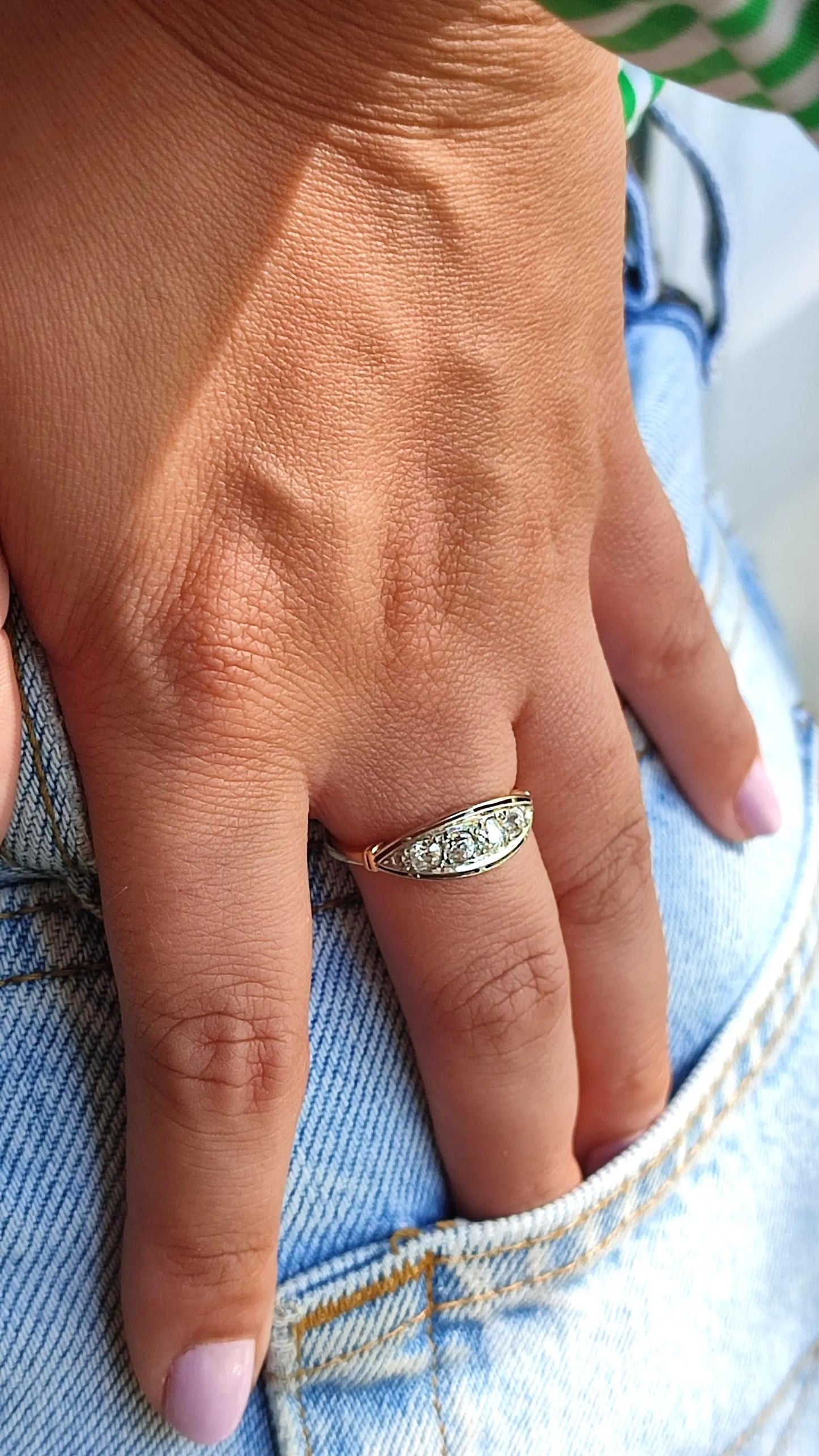 Bague rivière ancienne en or jaune et blanc 18k, six diamants taille ancienne (vers 1910–1930)