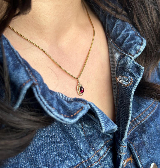 Pendentif ancien en or 18k grenat cabochon et perles de culture - Motif floral victorien - Bijou vintage rare