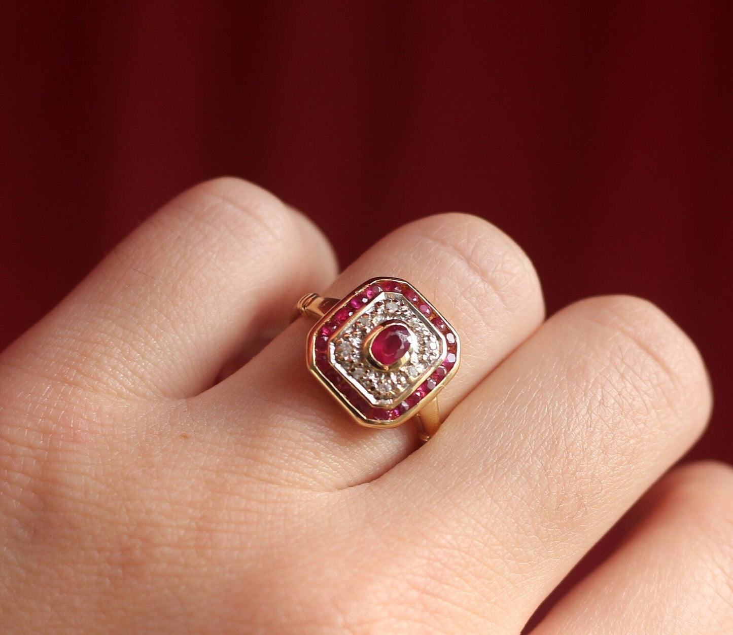 Bague or 18K Art Déco rubis et diamants, Bague de fiancailles ancienne rubis