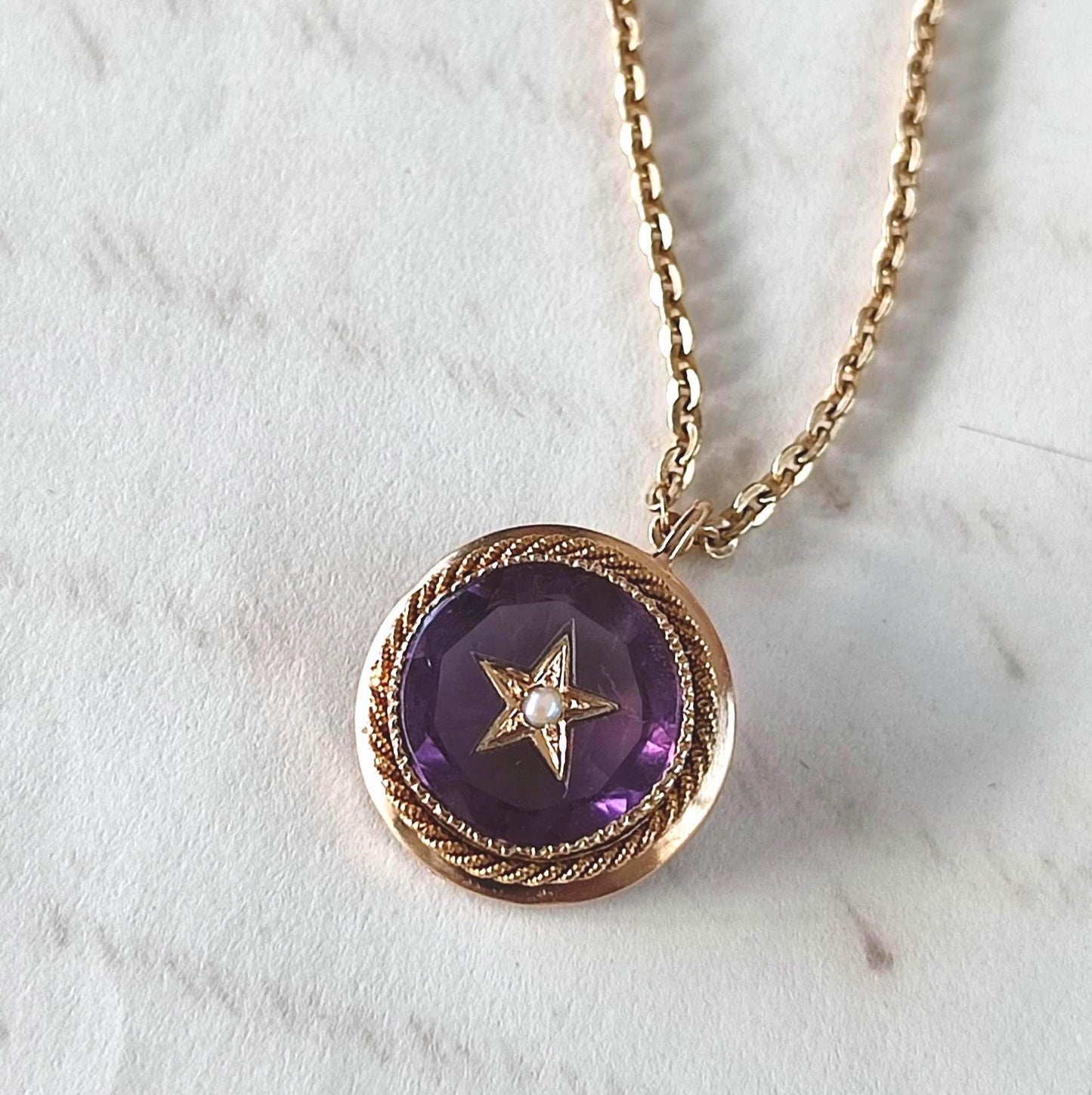 Pendentif ancien Napoléon III en or 18K, améthyste et perle fine – ancienne broche étoile XIXe