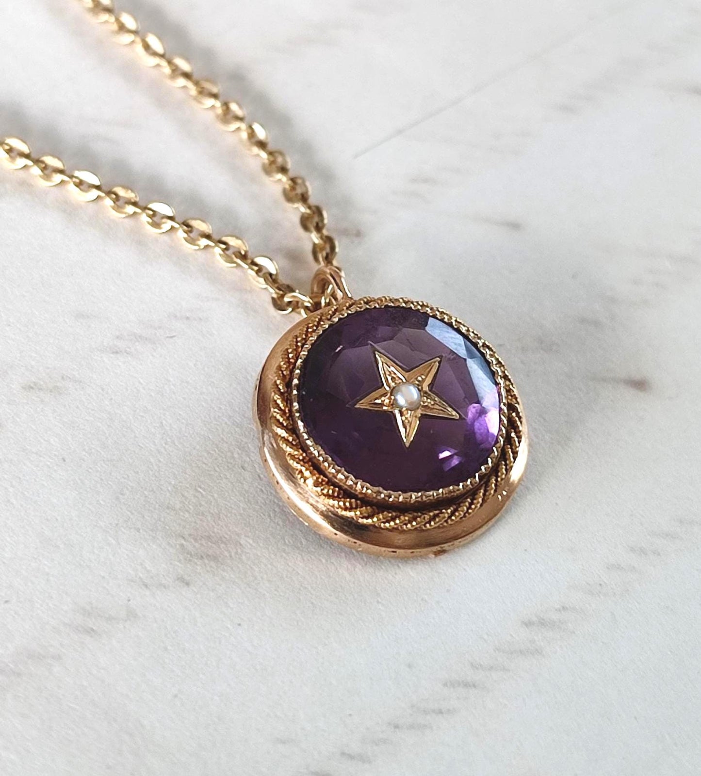 Pendentif ancien Napoléon III en or 18K, améthyste et perle fine – ancienne broche étoile XIXe