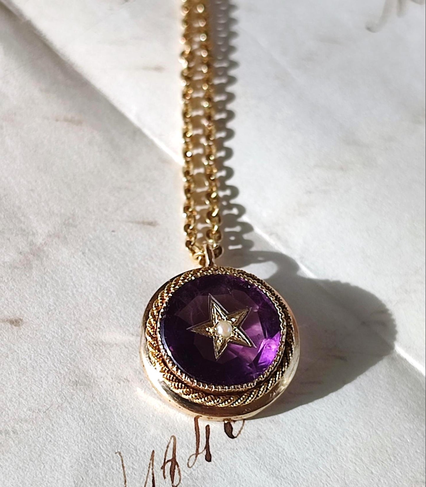 Pendentif ancien Napoléon III en or 18K, améthyste et perle fine – ancienne broche étoile XIXe