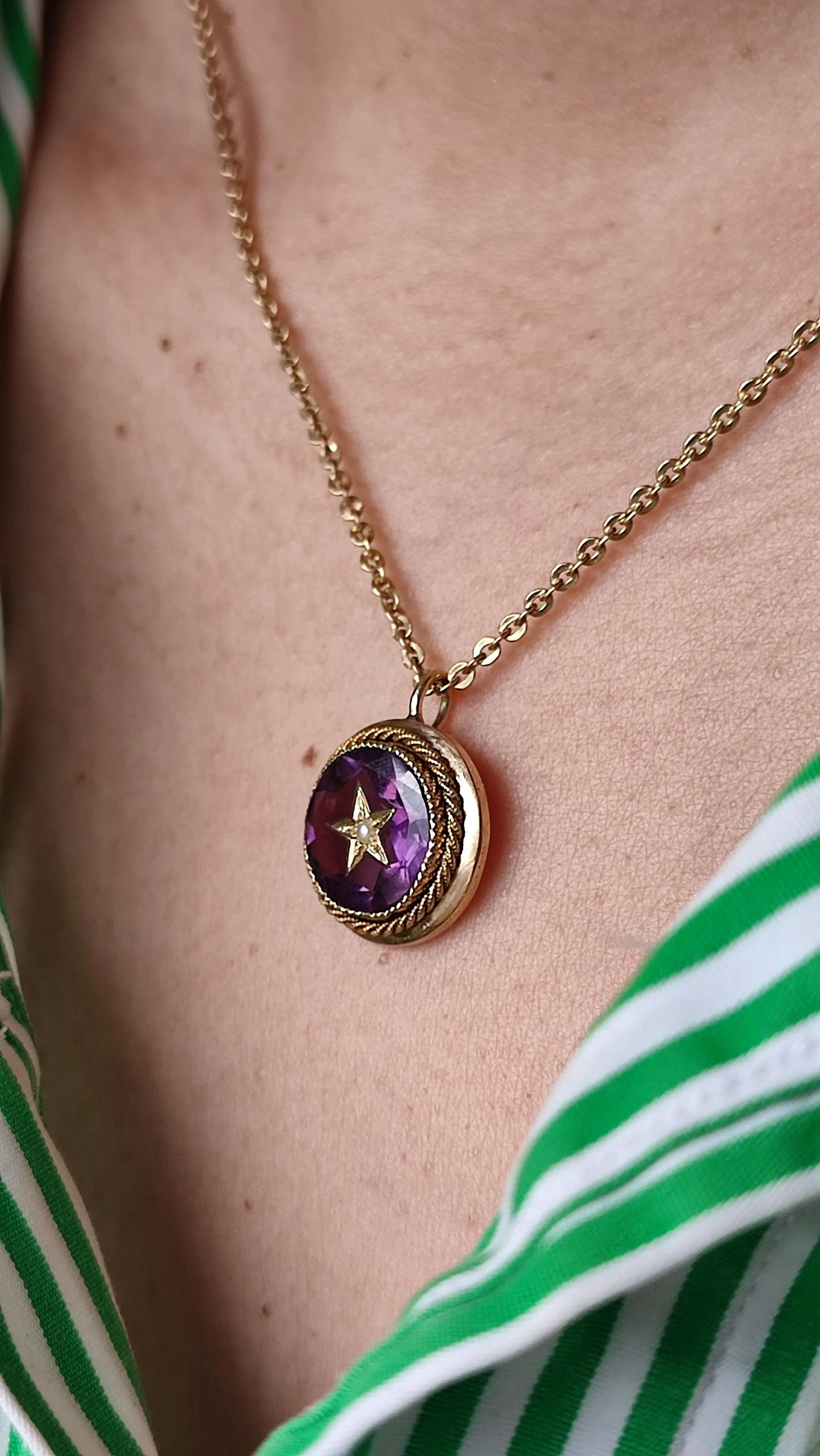 Pendentif ancien Napoléon III en or 18K, améthyste et perle fine – ancienne broche étoile XIXe