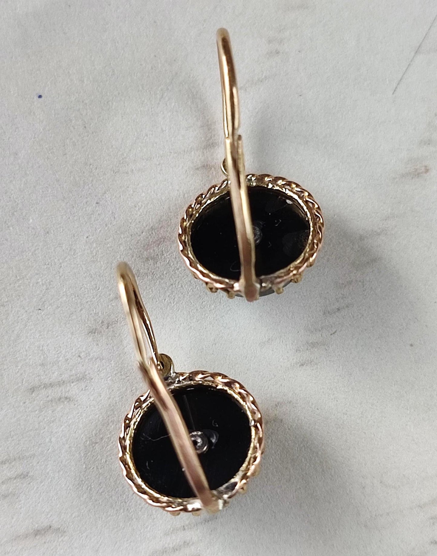 Boucles d’oreilles dormeuses anciennes or 18K onyx et perles fines, Napoléon III XIXe siècle