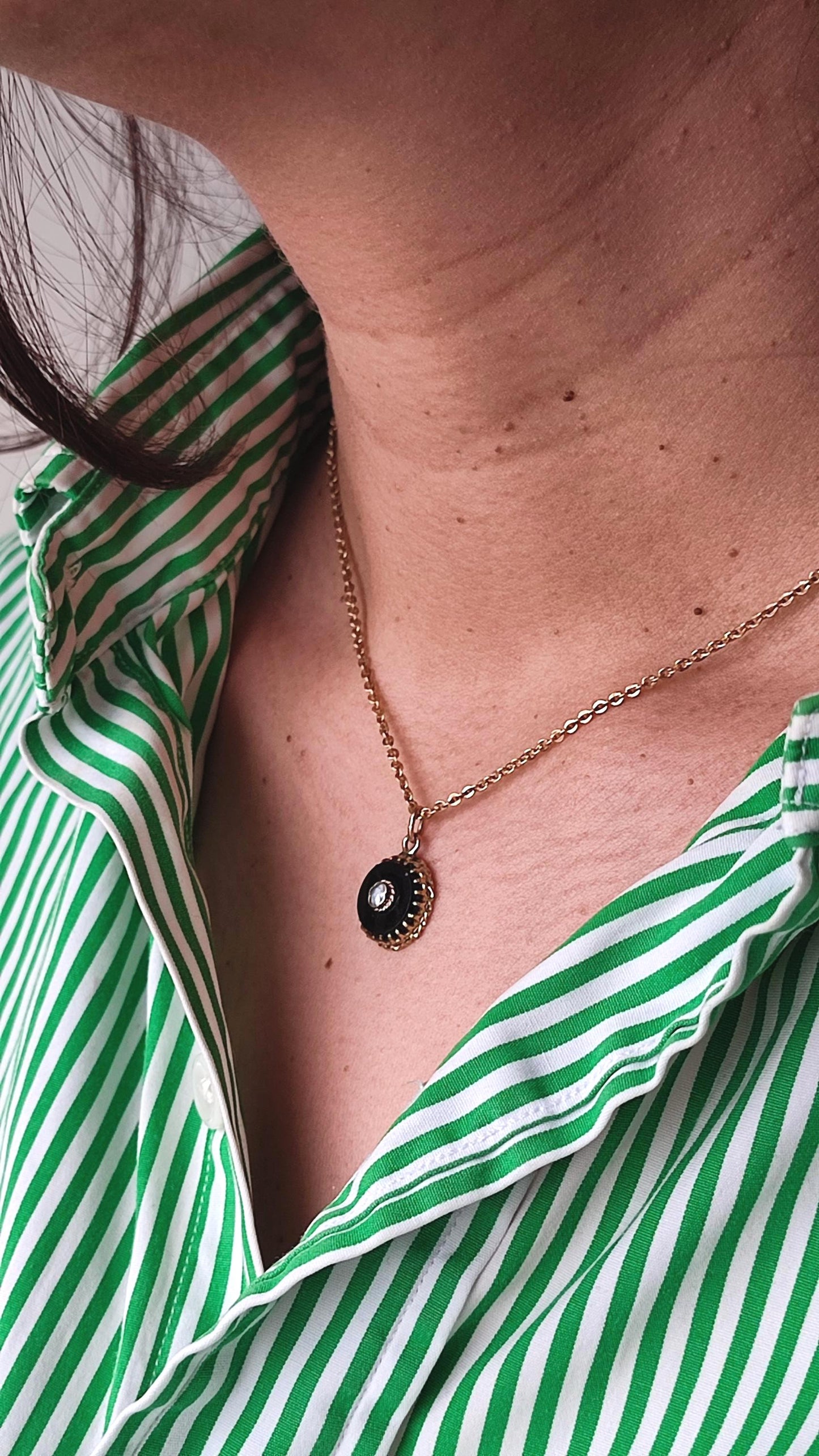 Pendentif ancien Napoléon III en or 18K, onyx noir et perle fine – ancienne épingle XIXe transformée