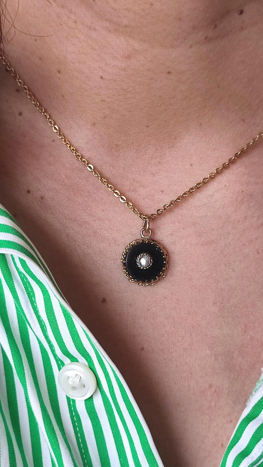 Pendentif ancien Napoléon III en or 18K, onyx noir et perle fine – ancienne épingle XIXe transformée