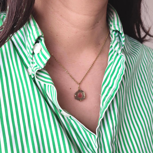 Pendentif vintage tourmaline watermelon naturelle en or 18K – tranche de tourmaline rose et verte