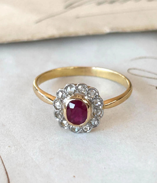 Bague ancienne pompadour rubis diamants taille rose or 18k Belle Époque