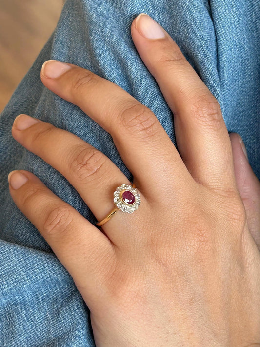 Bague ancienne pompadour rubis diamants taille rose or 18k Belle Époque