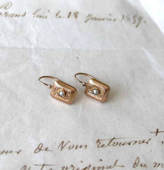 Dormeuses anciennes perles fines or 18k Napoléon III rectangulaires