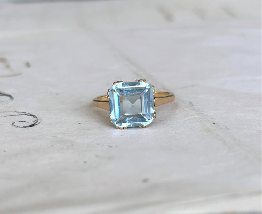 Bague vintage aigue-marine carrée or jaune 18k années 1940