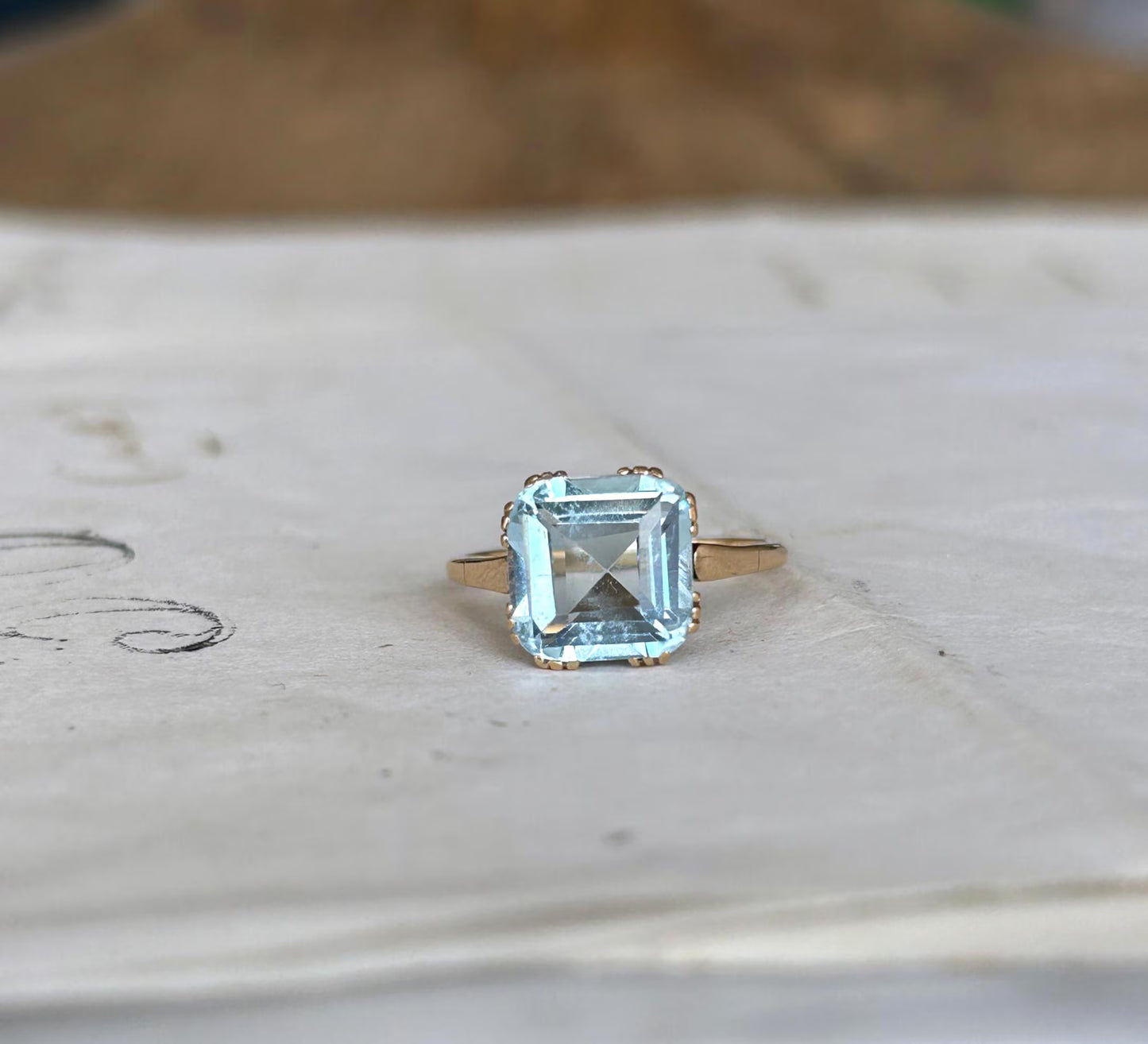 Bague vintage aigue-marine carrée or jaune 18k années 1940