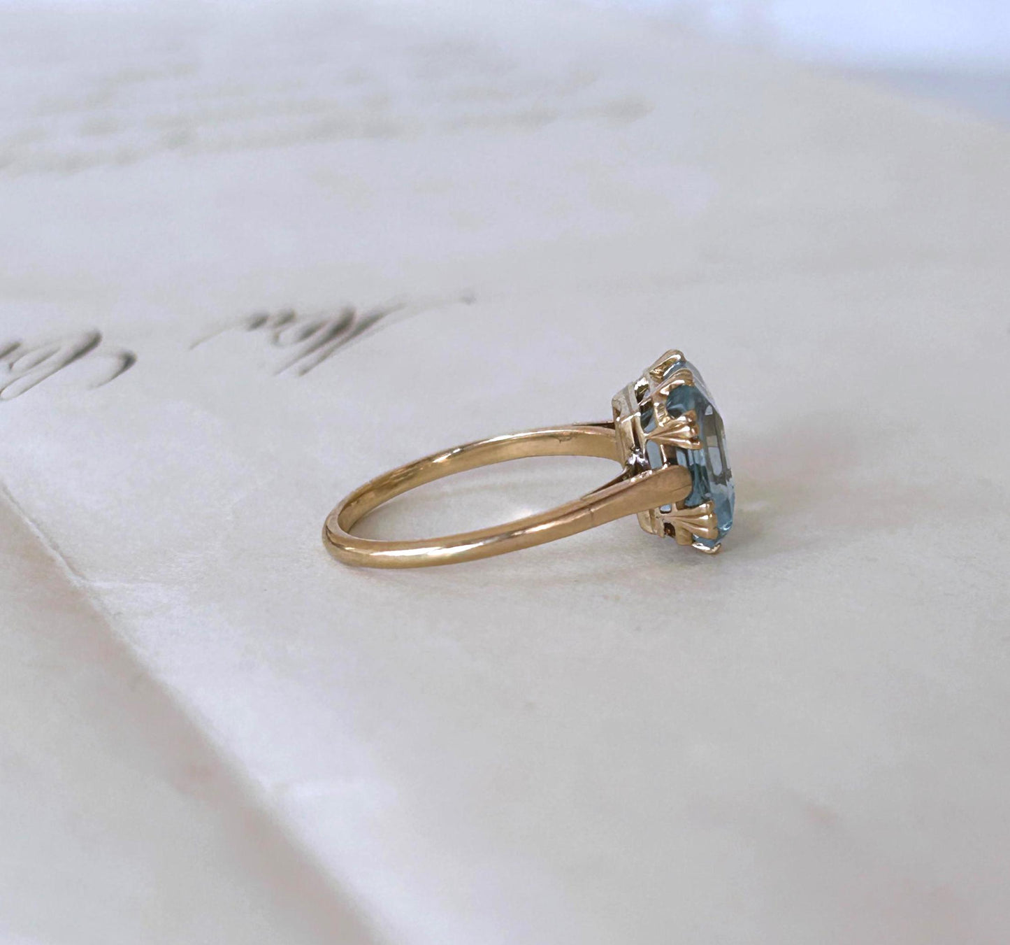 Bague vintage aigue-marine carrée or jaune 18k années 1940