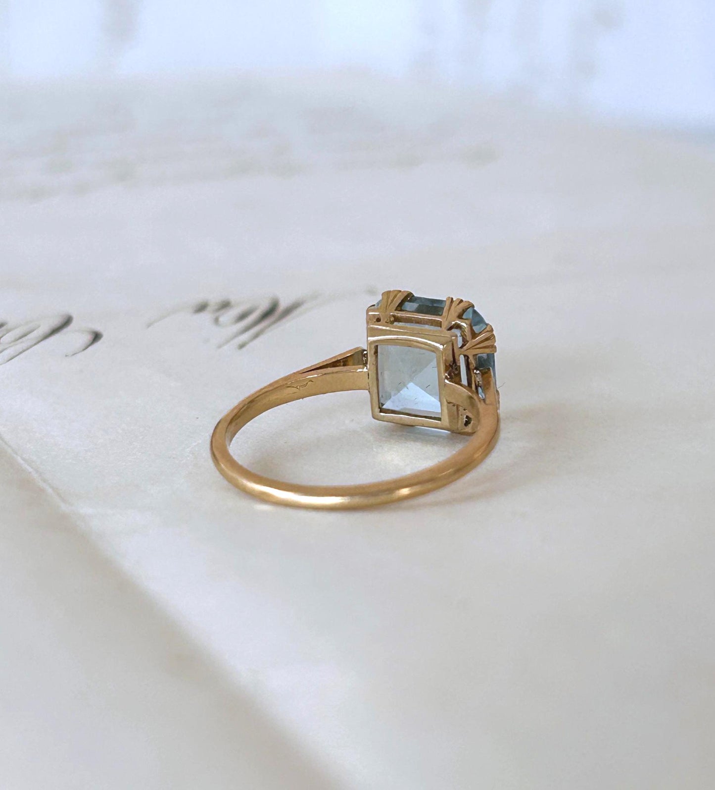 Bague vintage aigue-marine carrée or jaune 18k années 1940