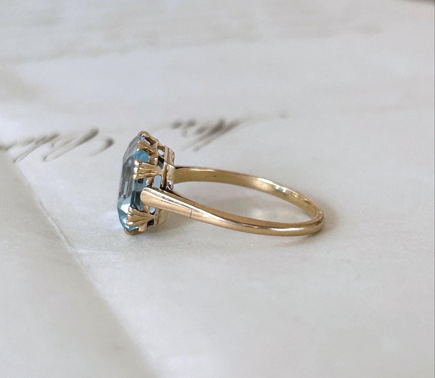 Bague vintage aigue-marine carrée or jaune 18k années 1940