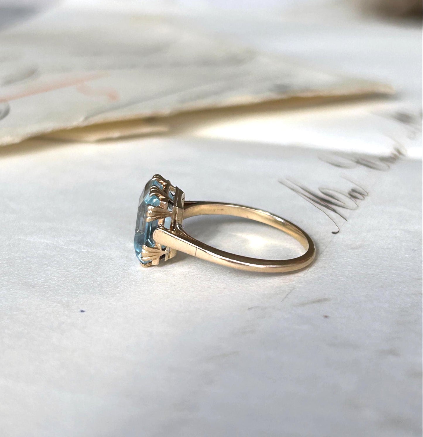 Bague vintage aigue-marine carrée or jaune 18k années 1940