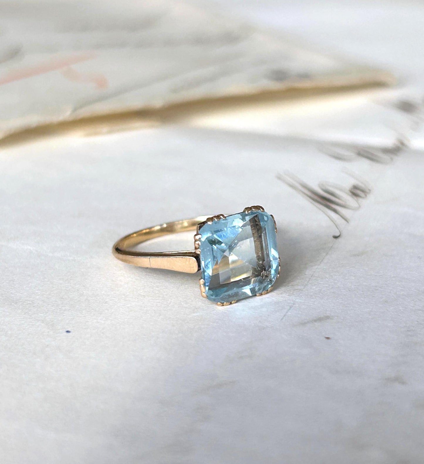 Bague vintage aigue-marine carrée or jaune 18k années 1940