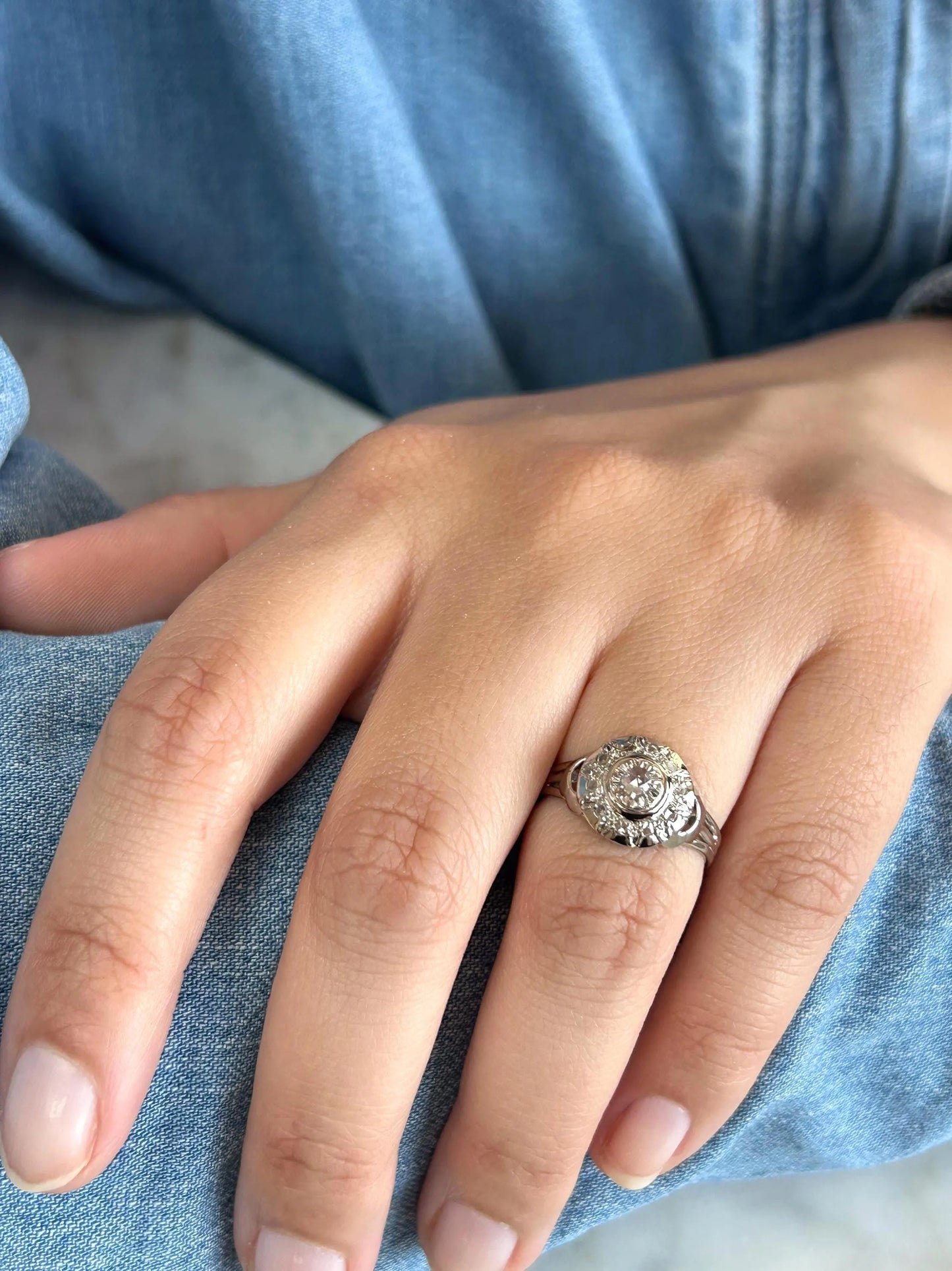 Bague ancienne diamant taille rose halo or gris 18k Art Déco