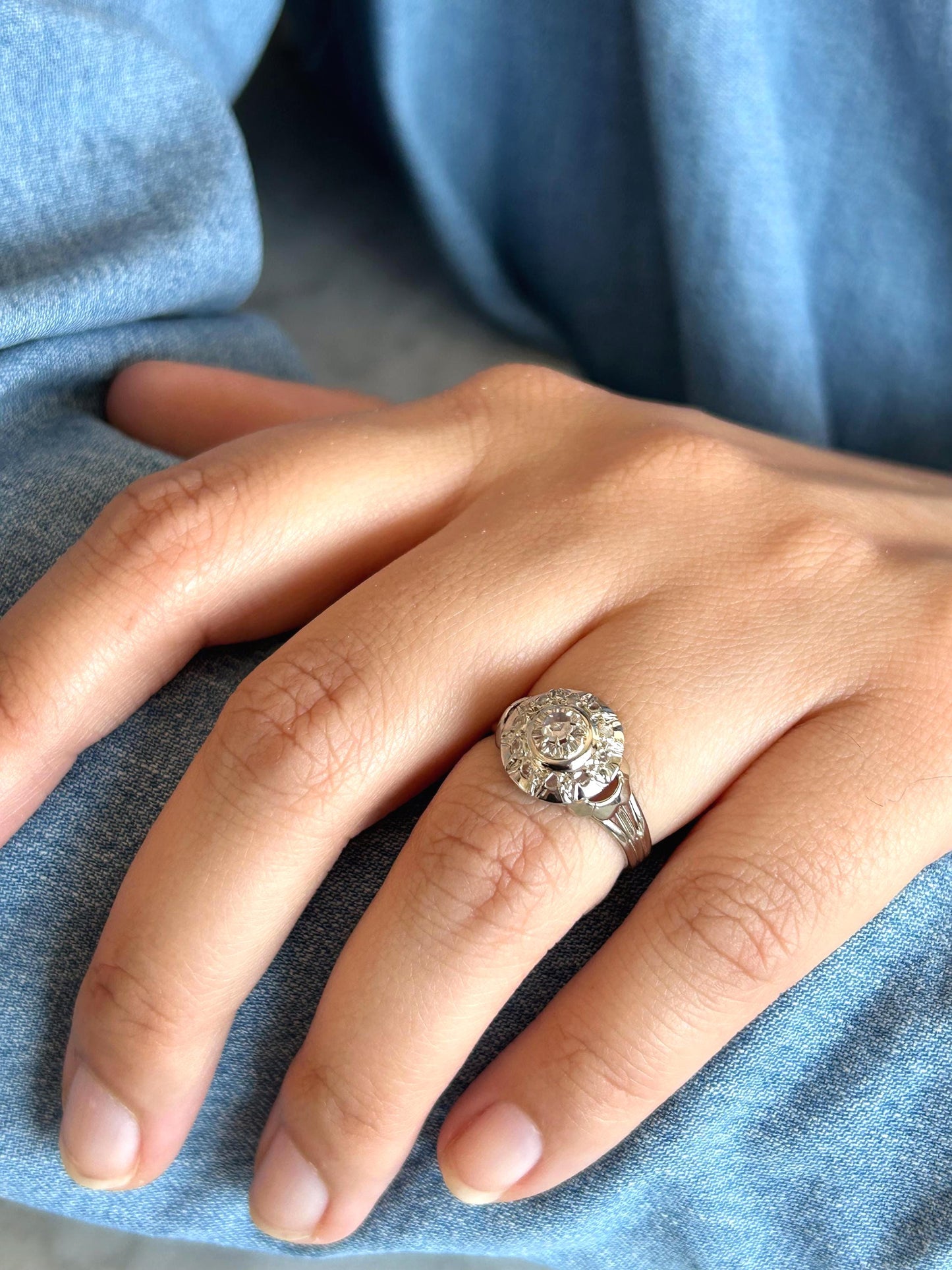 Bague ancienne diamant taille rose halo or gris 18k Art Déco