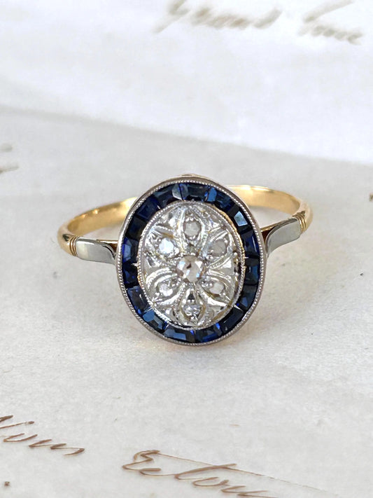 Bague ancienne Belle Époque or 18k diamants taille rose et saphirs calibrés