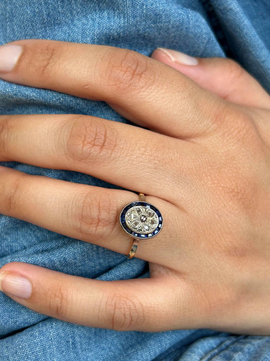 Bague ancienne Belle Époque or 18k diamants taille rose et saphirs calibrés