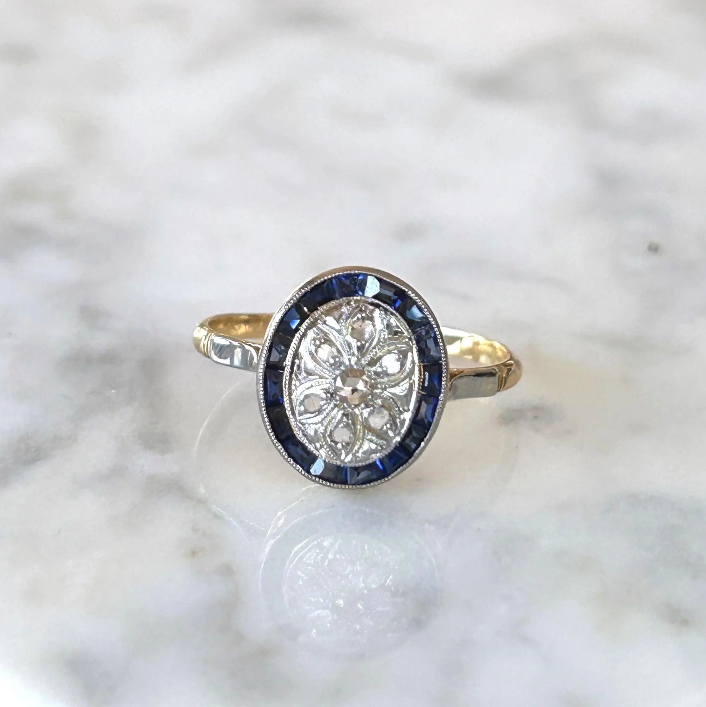 Bague ancienne Belle Époque or 18k diamants taille rose et saphirs calibrés