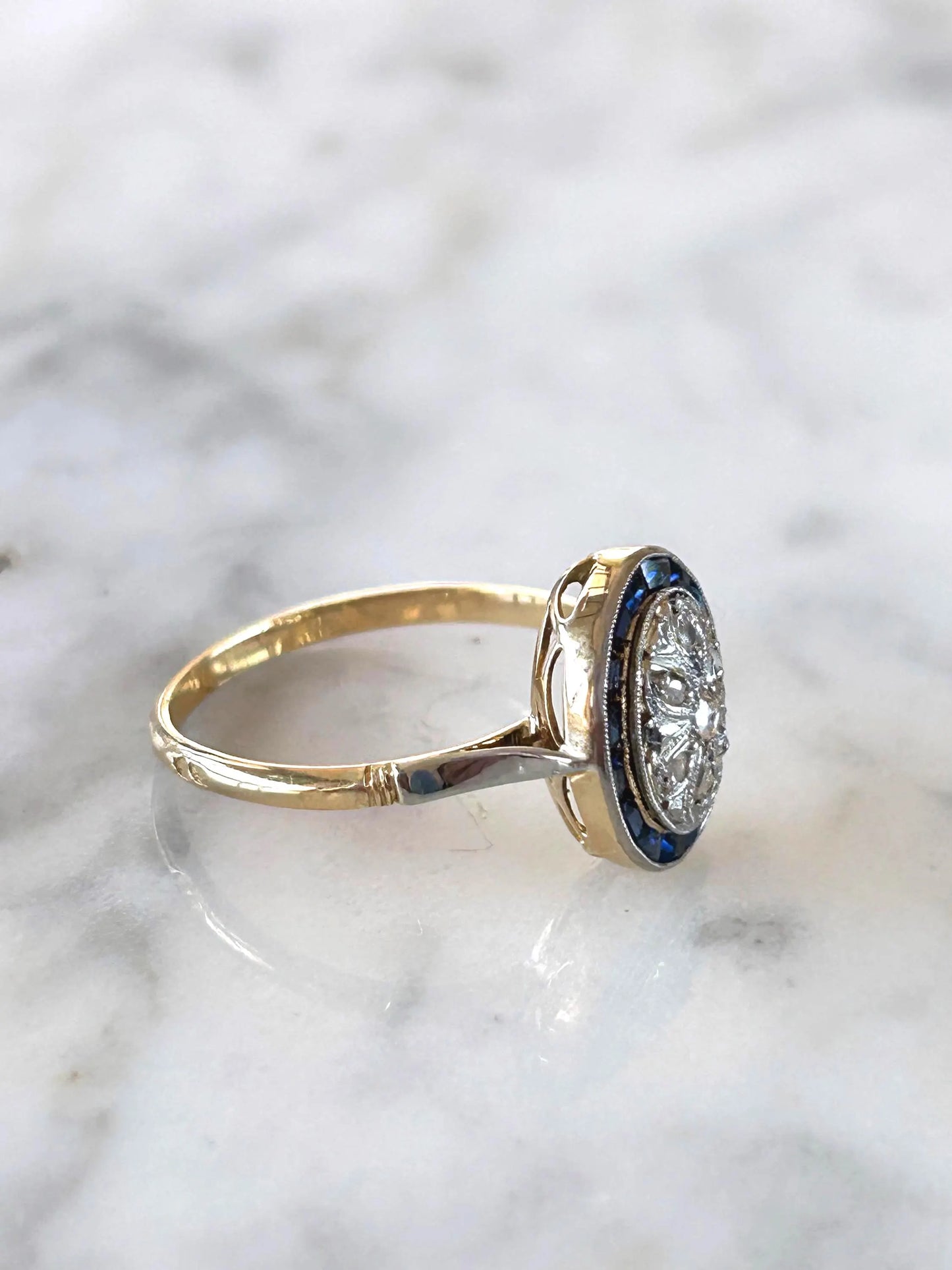Bague ancienne Belle Époque or 18k diamants taille rose et saphirs calibrés