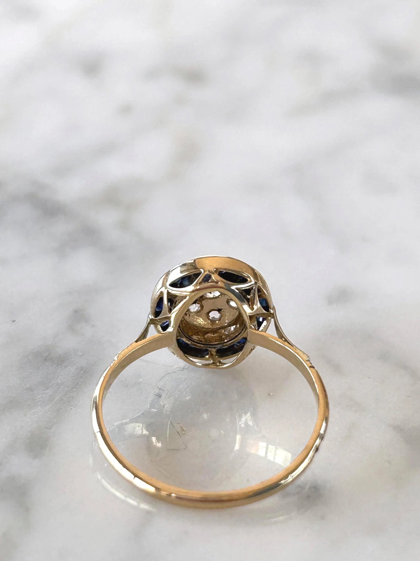 Bague ancienne Belle Époque or 18k diamants taille rose et saphirs calibrés