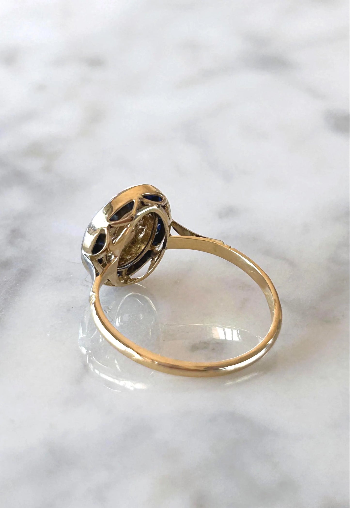 Bague ancienne Belle Époque or 18k diamants taille rose et saphirs calibrés