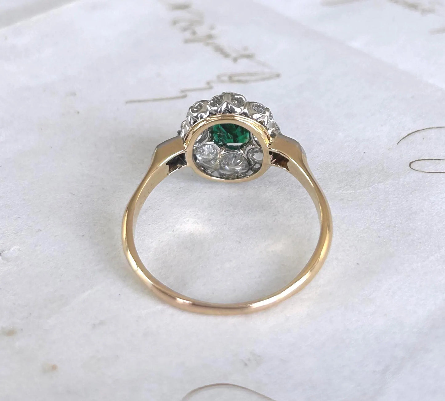 Bague marguerite ancienne émeraude et diamants taille ancienne en or 18K - Belle époque