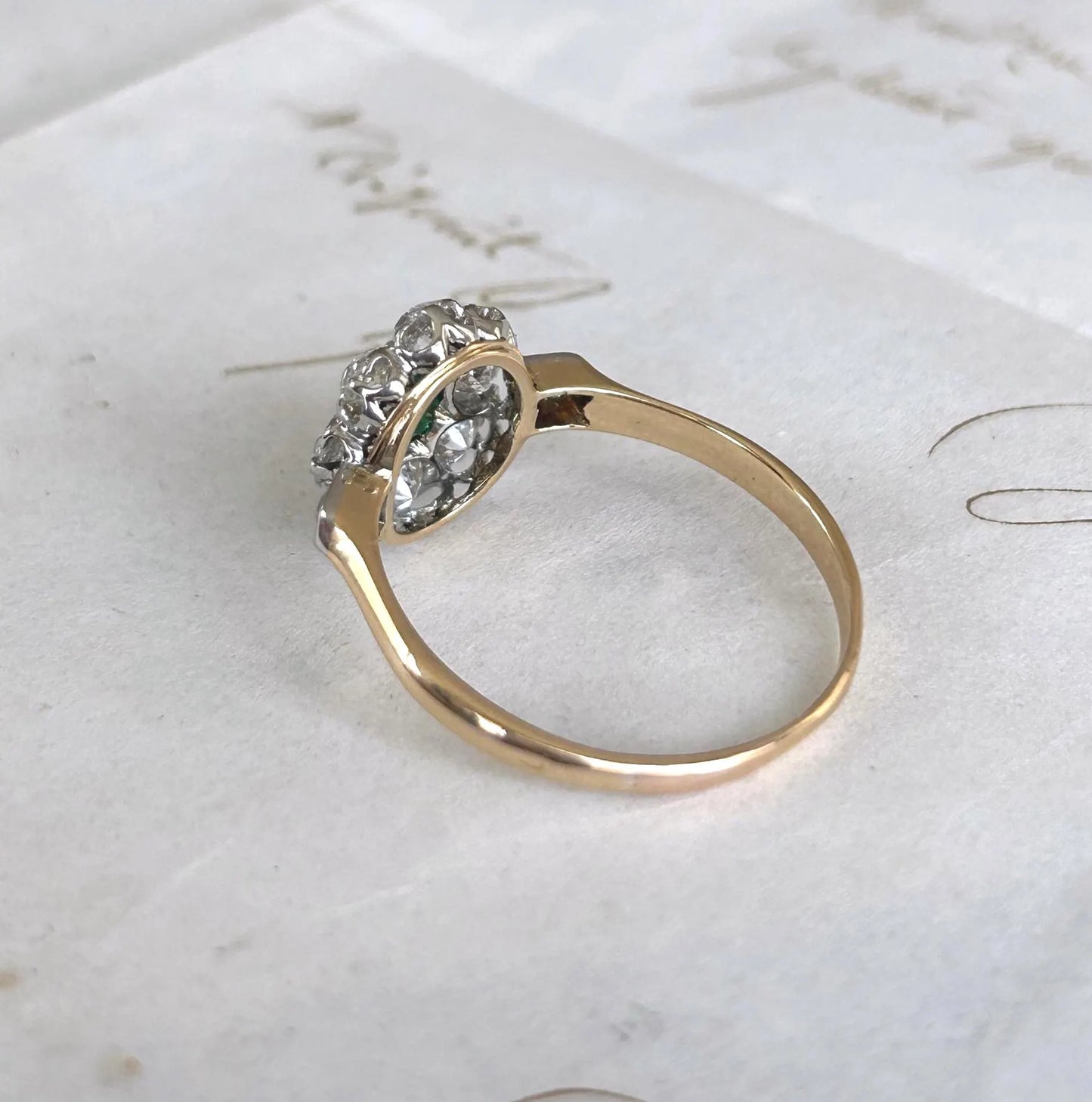 Bague marguerite ancienne émeraude et diamants taille ancienne en or 18K - Belle époque