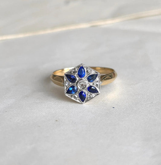 Bague Art Déco française en or 18k, saphirs naturels et diamants taille rose