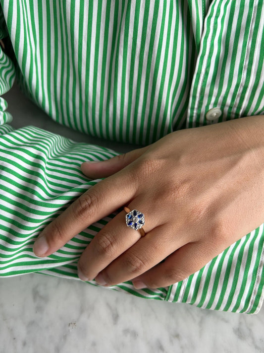Bague Art Déco française en or 18k, saphirs naturels et diamants taille rose