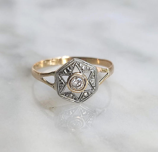 Bague ancienne étoile en or 18K jaune et gris, diamant naturel 0,11ct, bijou français XIXe siècle