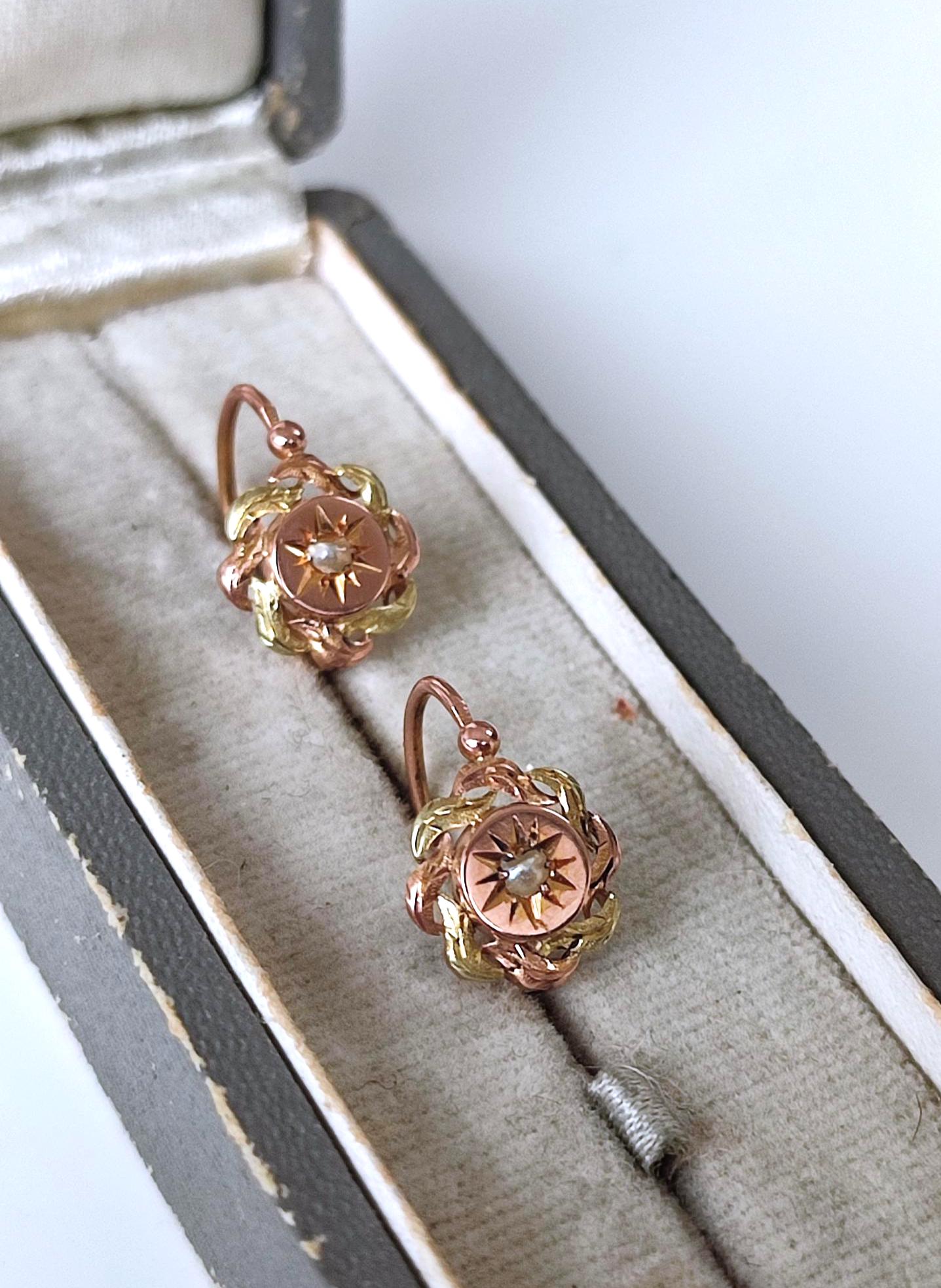 Dormeuses anciennes Napoléon III en or rose et jaune 18k avec perles naturelles – bijoux Belle Époque