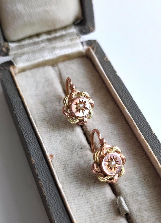 Dormeuses anciennes Napoléon III en or rose et jaune 18k avec perles naturelles – bijoux Belle Époque