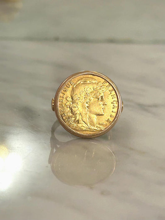 Bague en or 18k montée d'une authentique pièce Marianne 10F en or