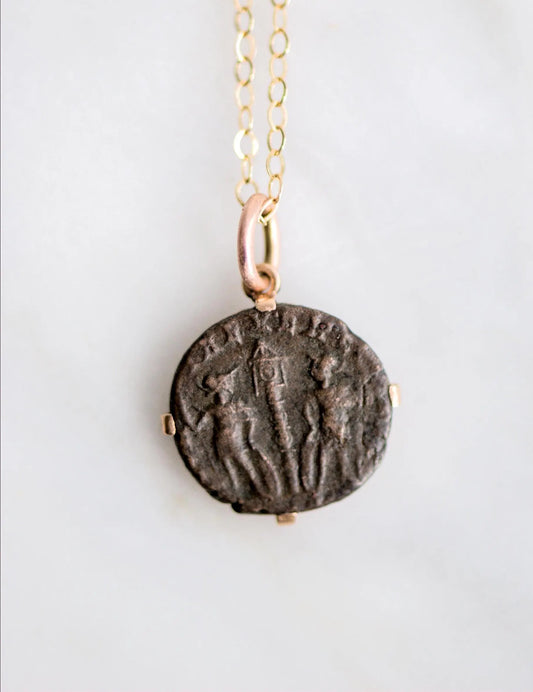 Pendentif pièce de monnaie romaine en bronze montée sur or 18K