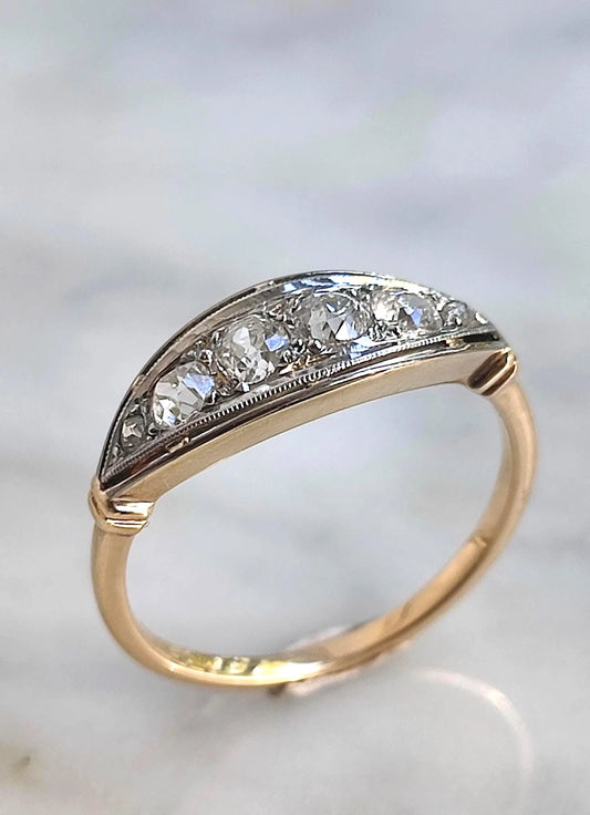 Bague rivière ancienne en or jaune et blanc 18k, six diamants taille ancienne (vers 1910–1930)