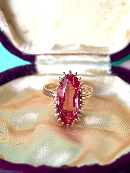 Bague cocktail or 18k et saphir rose orangé – Bijou statement vintage chic