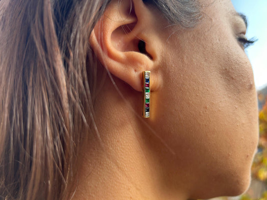 Boucles d'Oreilles Vintage en Or 18 Carats avec Diamant, Saphir, Émeraude et Rubis