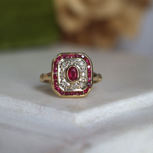 Bague or 18K Art Déco rubis et diamants, Bague de fiancailles ancienne rubis