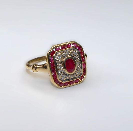 Bague or 18K Art Déco rubis et diamants, Bague de fiancailles ancienne rubis